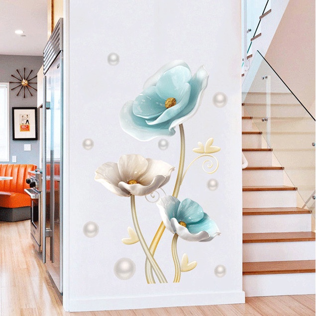 Decal trang trí tường - Hoa hồng xanh và ngọc trai