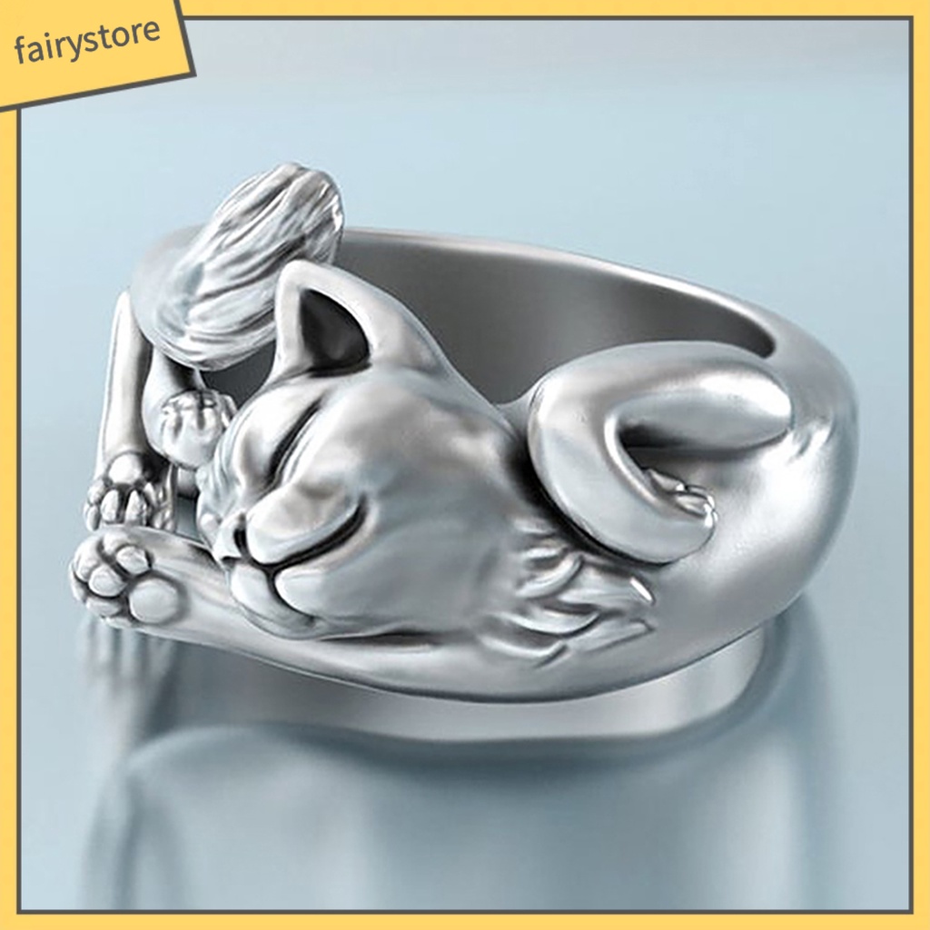 Nhẫn Hở Mạ Bạc Hình Mèo Ngủ Phong Cách Vintage