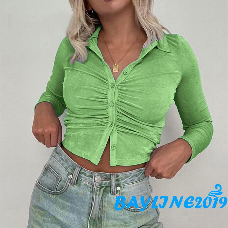BAY-Áo croptop tay dài ôm dáng màu trơn cổ bẻ màu xanh dương/xanh lá/ kaki