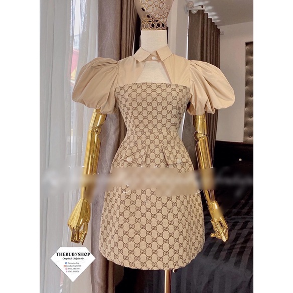 Đầm tay phồng hoạ tiết gu chì và fenđì