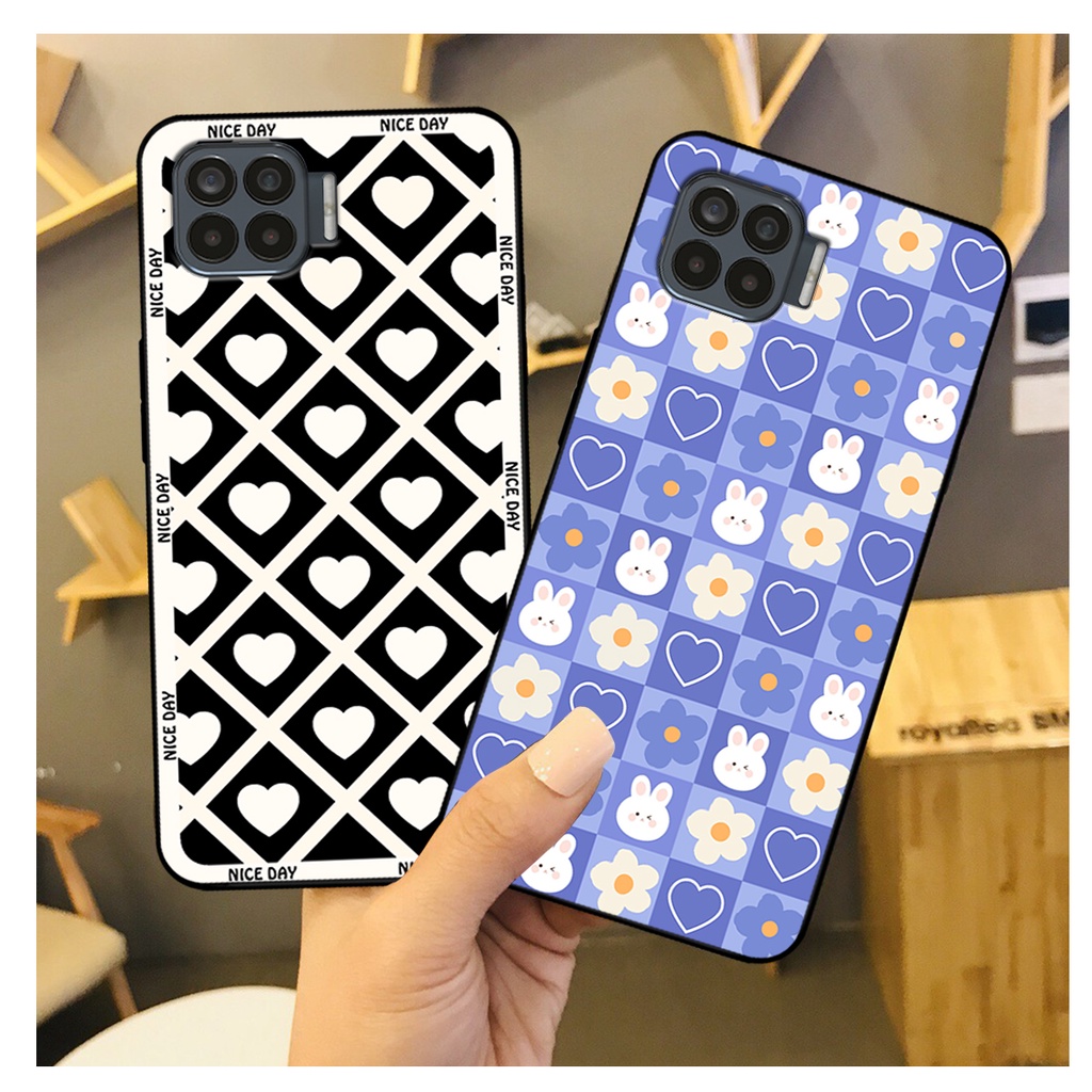 Ốp lưng Oppo A73 - Oppo A93 in hoạ tiết caro trái tim đen trắng, gấu bear cute đáng yêu