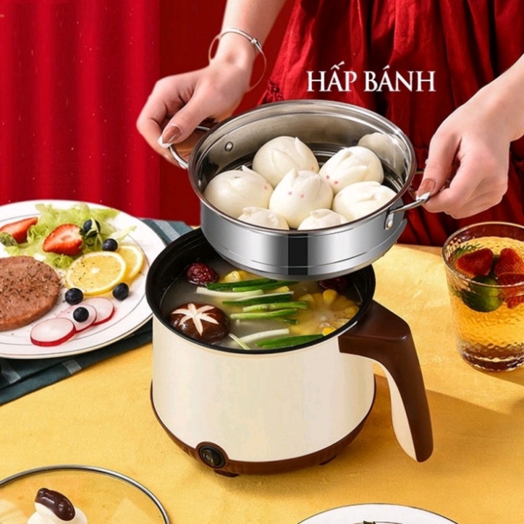 Nồi lẩu mini đa năng, ca nấu mì 18cm 2 nấc nhiệt kèm giá hấp, đế chống dính, chiên xào, hấp, luộc, ăn lẩu tiện lợi