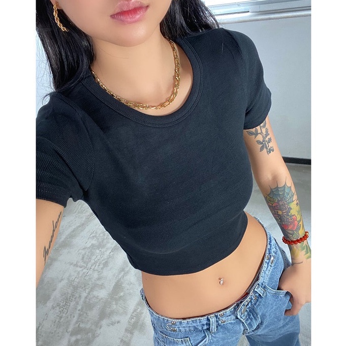 Porozi Áo Thun Nữ Ngắn Tay Hở Lưng Phong Cách Hàn Quốc