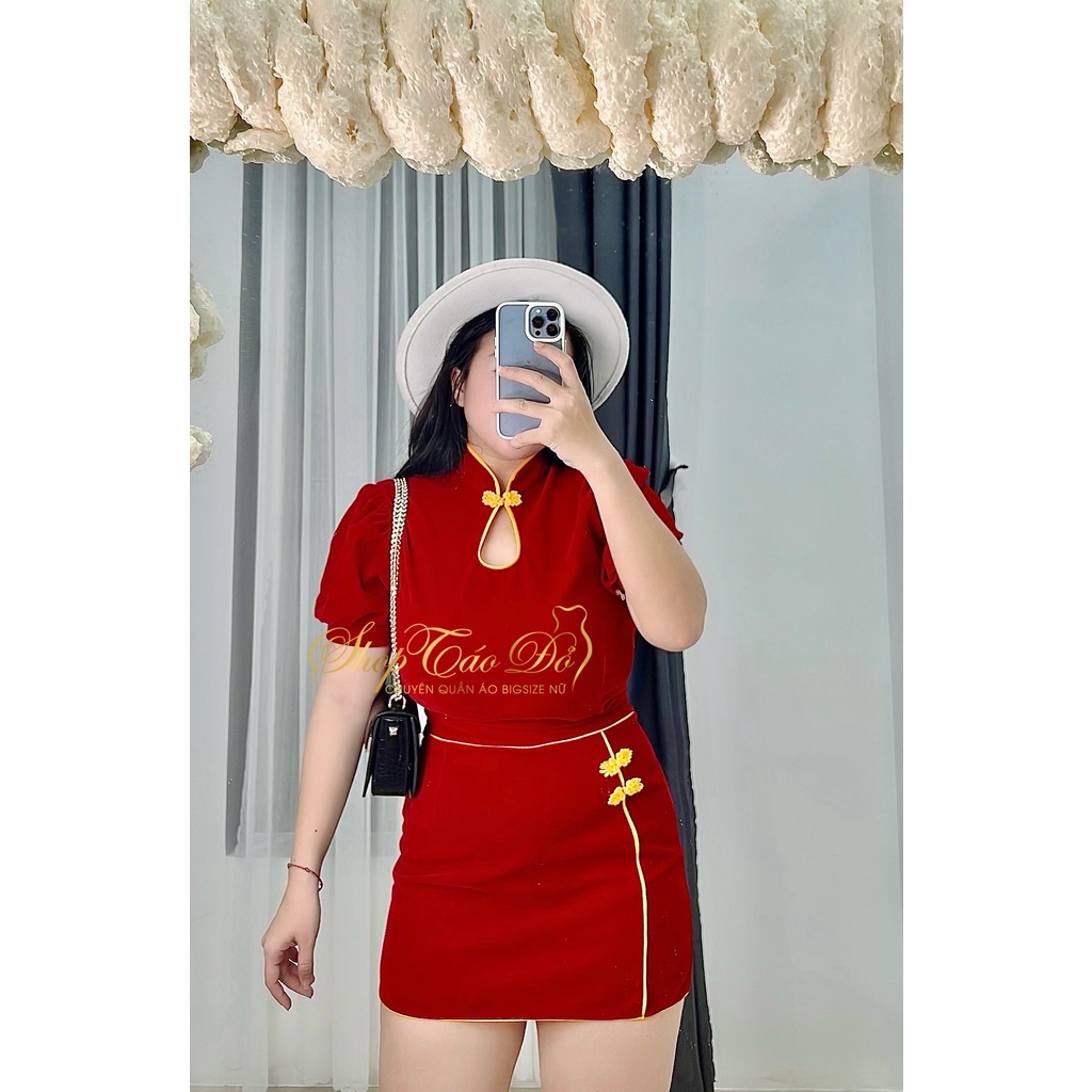 (TÁO ĐỎ BIGSIZE 55-90KG) Set Nhung Đỏ Áo Croptop Cổ Tàu + Chân Váy Viền S25 ( ảnh thật shop chụp 100%) 🥰