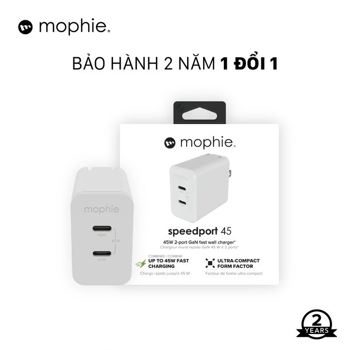 Sạc nhanh Mophie Power Delivery 45W GaN (Hỗ trợ chuẩn sạc PD, PPS,...)