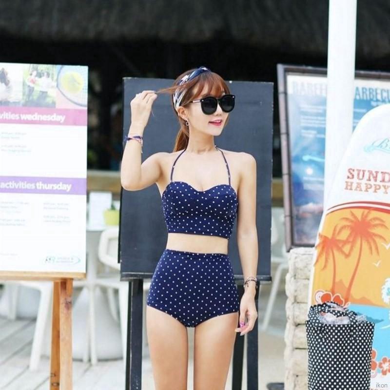 Bikini lưng cao hoạ tiết chấm bi thiết kế xẻ gợi cảm
