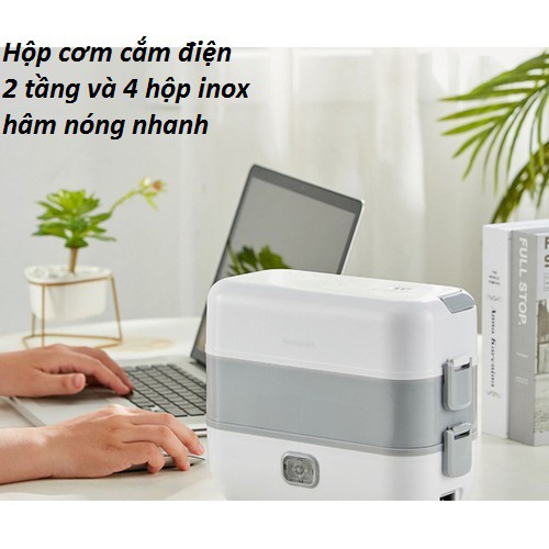 Hộp Đựng Cơm Cắm Điện , Giữ Nhiệt LUNCHBOX  - 2 Tầng 4 Bát Inox - Chức Năng Nấu Chín Hâm Nóng Và Giữ Nhiệt