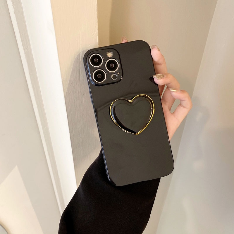 Ốp điện thoại màu đen có giá đỡ trái tim thích hợp cho iPhone 13 12 Mini 11 Pro XS Max X XR 6 6S 7 8 Plus