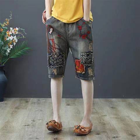 Quần Short denim Dáng Rộng Lưng Thun Co Giãn Thêu Họa Tiết Thổ Cẩm Độc Đáo Thời Trang Mùa Hè Cho Nữ 2022