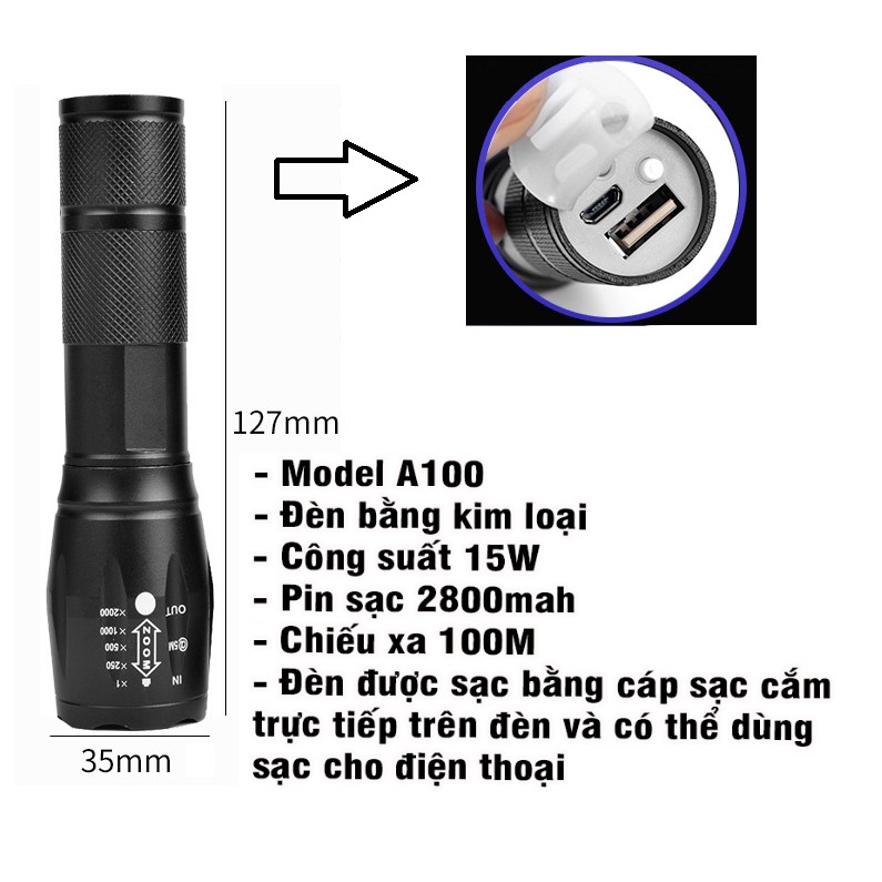 Đèn pin XML-T6 A100 bằng kim loại sạc trực tiếp bằng cáp sạc có thể dùng sạc cho điện thoại
