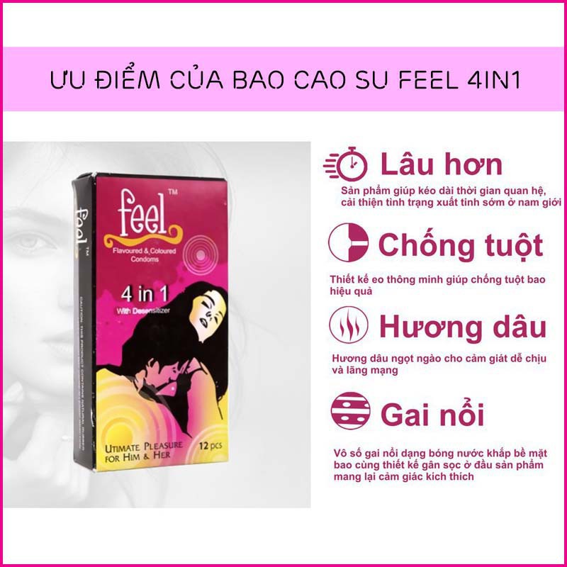 Hộp 12c Bao Cao Su FEEL 4 IN 1 - Bi Gai - Kéo Dài Thời Gian Quan Hệ - Xuất Xứ Malaysia