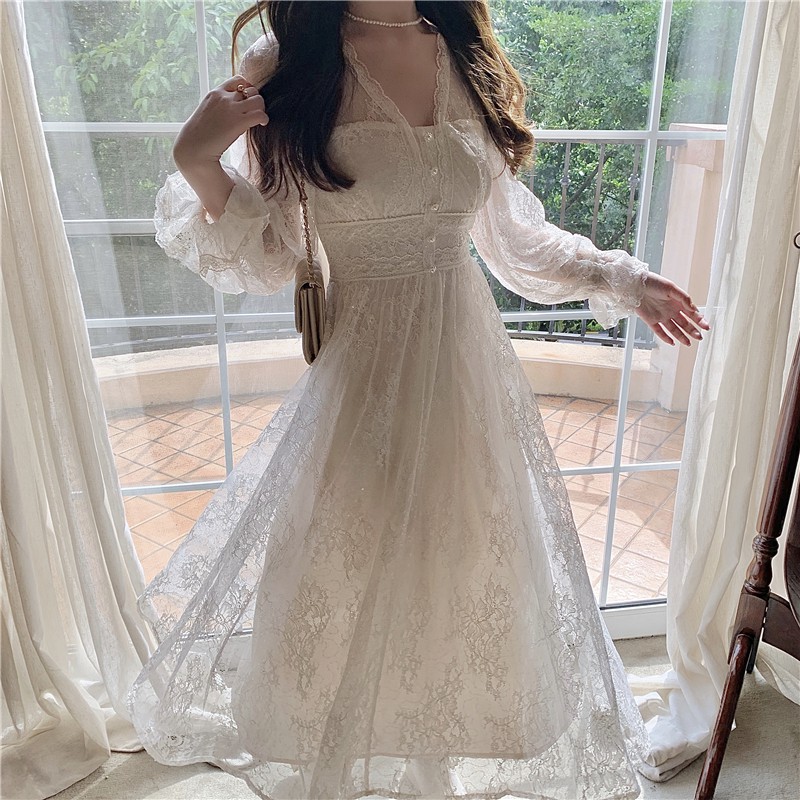 Váy trắng dài cổ tích váy công chúa váy cổ tích ulzzang taobao bling bling