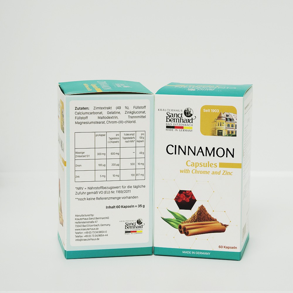 Viên uống Cinnamon Capsules hỗ trợ điều trị tiểu đường, chuyển hóa Glucose - Chính hãng Sanct Bernhard - Đức 60 viên