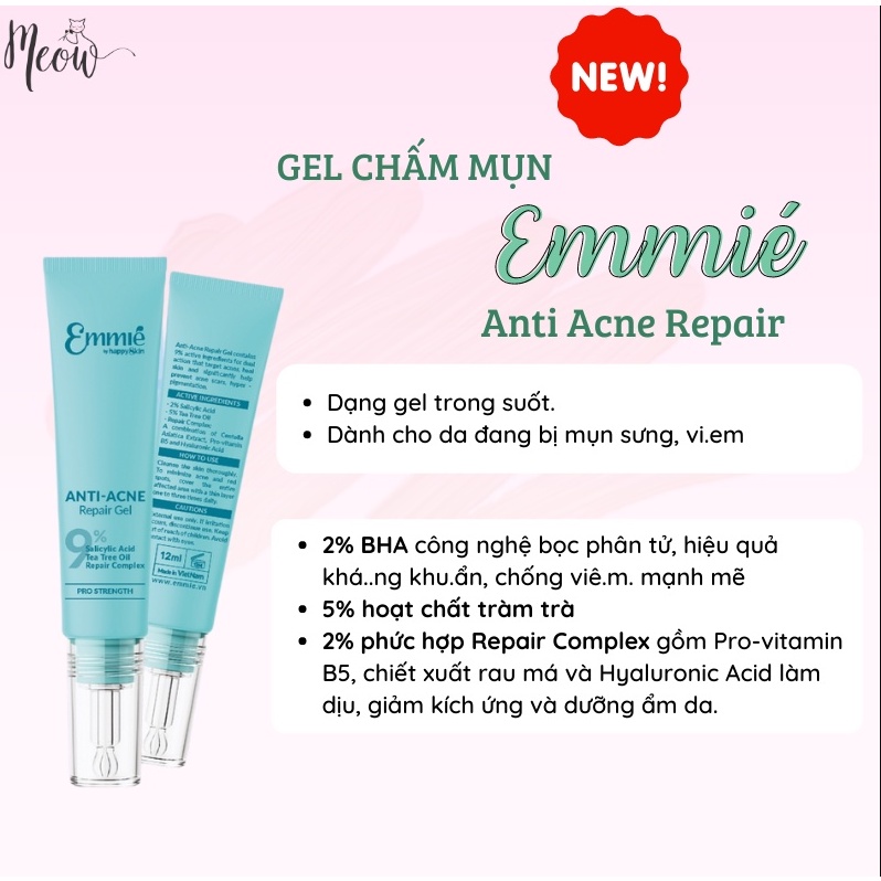Gel giảm mụn Emmié By Happyskin Anti Acne Repair Gel Giảm Mụn Cấp Tốc 3 Tác Động 12ml