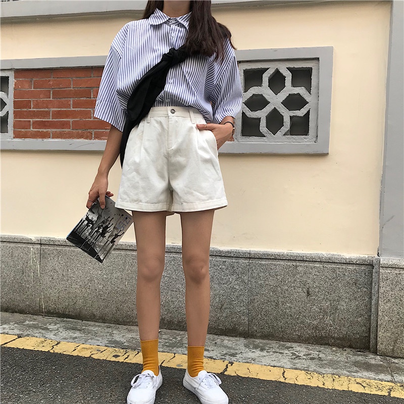 Quần short denim kumikumi HUANG YOYO ống rộng ống rộng lưng cao thời trang Hàn Quốc 2023 cho nữ
