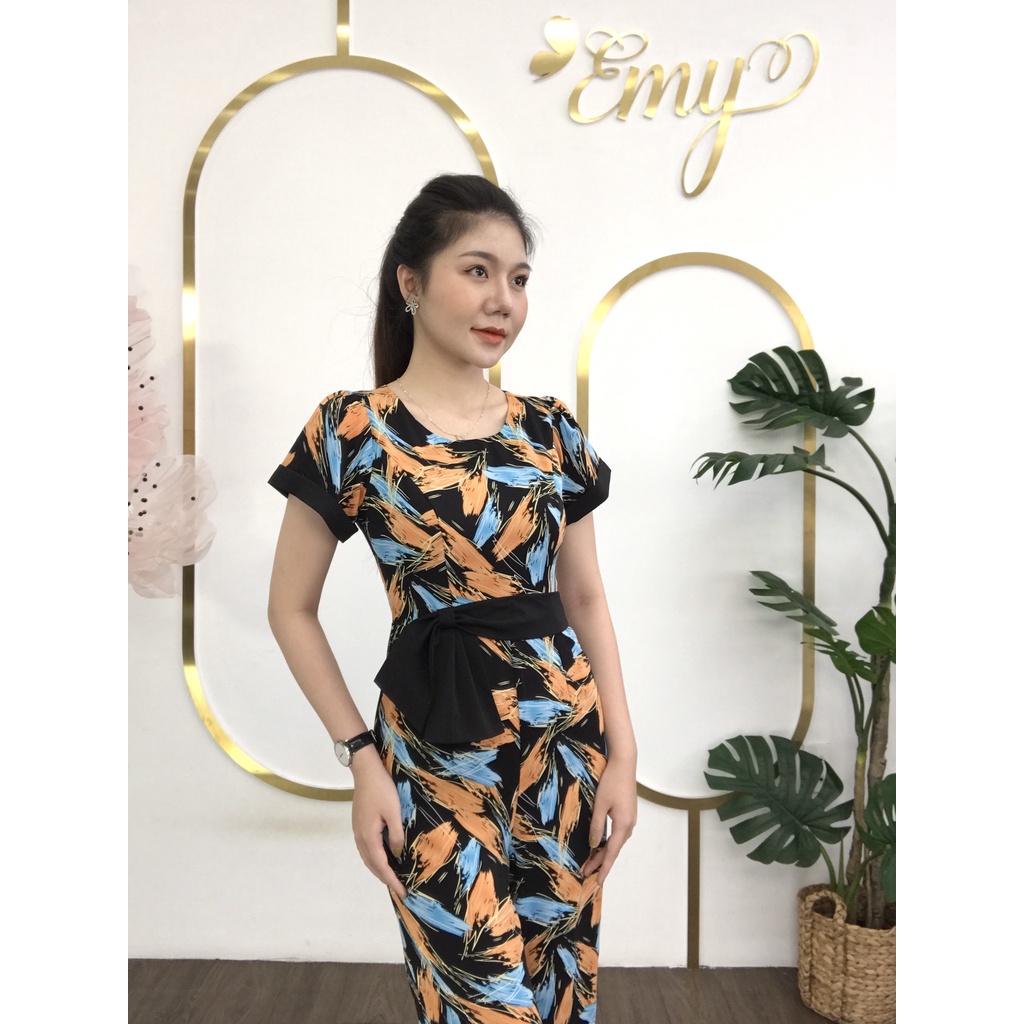 Jumpsuit EMY EM6581 Nữ Họa Tiết Phối Màu Nơ Eo
