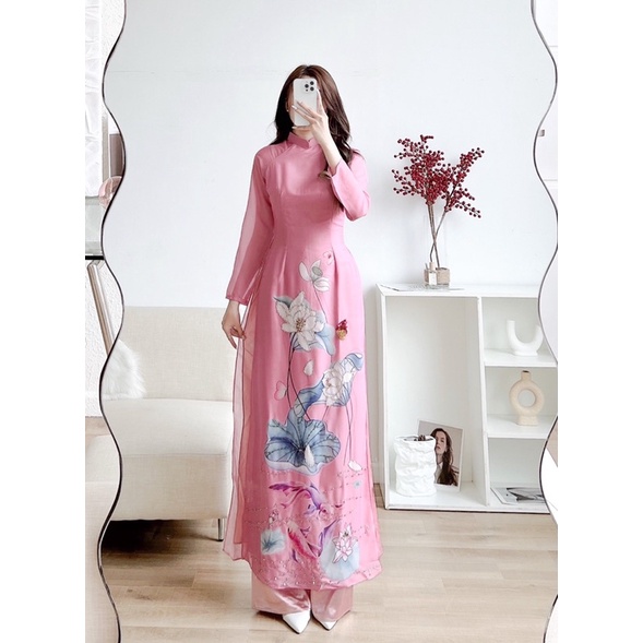 Áo dài 4 tà chất tơ ý mềm cao cấp đính cườm hoạ tiết hồng sen