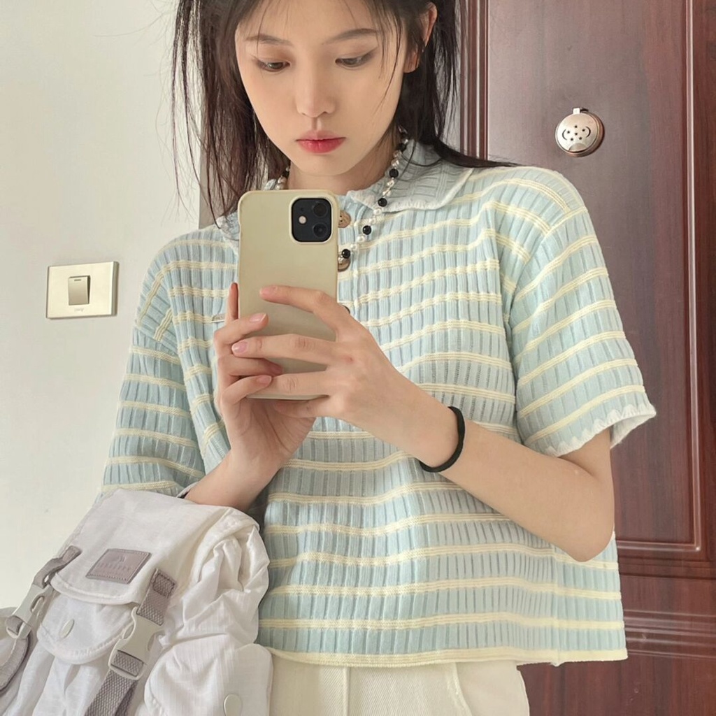 Áo polo dệt kim SUXI tay ngắn dáng rộng họa tiết kẻ sọc thời trang mùa hè cho nữ