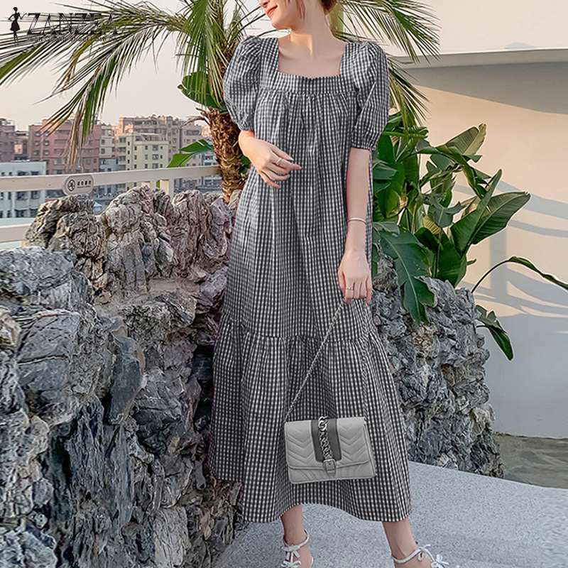Đầm ZANZEA maxi tay ngắn cổ vuông phồng in sọc caro cho nữ