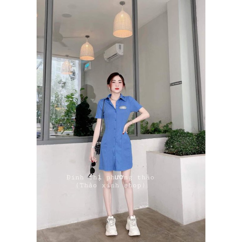 Váy polo xanh da trời, hồng thêu lôgo dự tiệc cổ vest trơn cúc rời samg chảnh