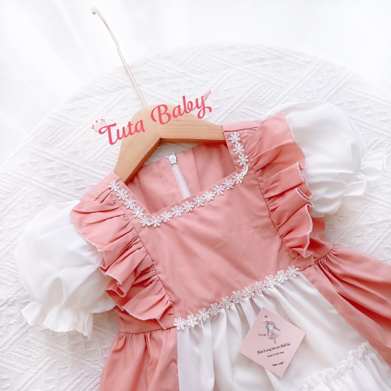 Váy Cho Bé Gái Lolita Hồng Dáng Xòe Kèm Turban Siêu Xinh FREESHIP, Váy Trẻ Em thiết kế TUTA Baby