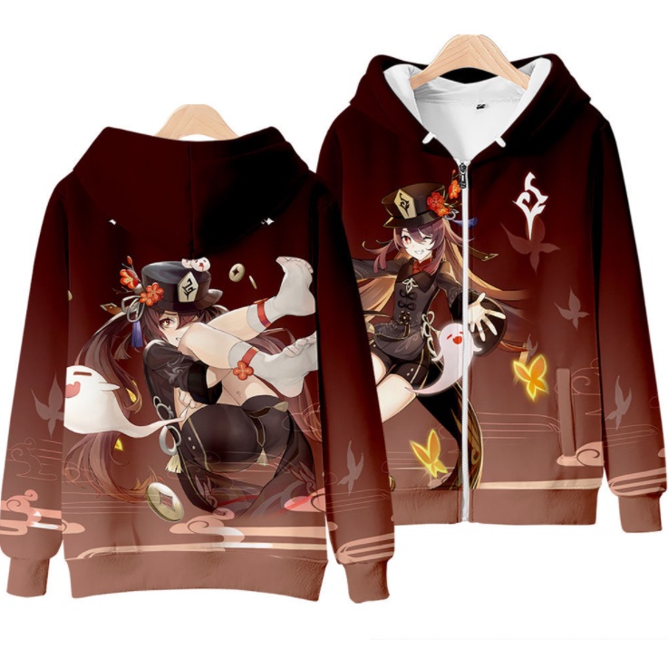 Áo Khoác Hoodie Tay Dài Dáng Rộng Có Khóa Kéo In Họa Tiết Genshin Va Chạm Hu Tao 3D Thời Trang Unisex 2022