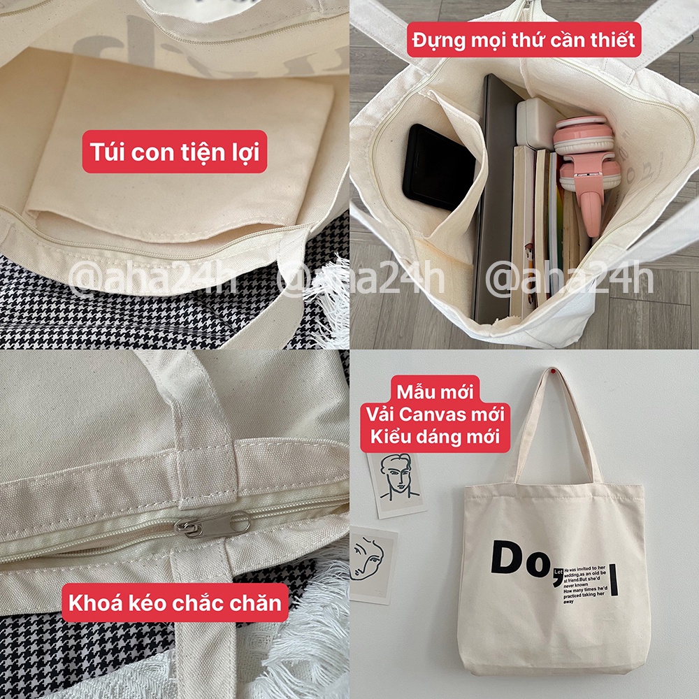 Túi tote vải Canvas đi học đi chơi giá rẻ phong cách đeo vai hàn quốc có khóa kéo in hình cực xinh