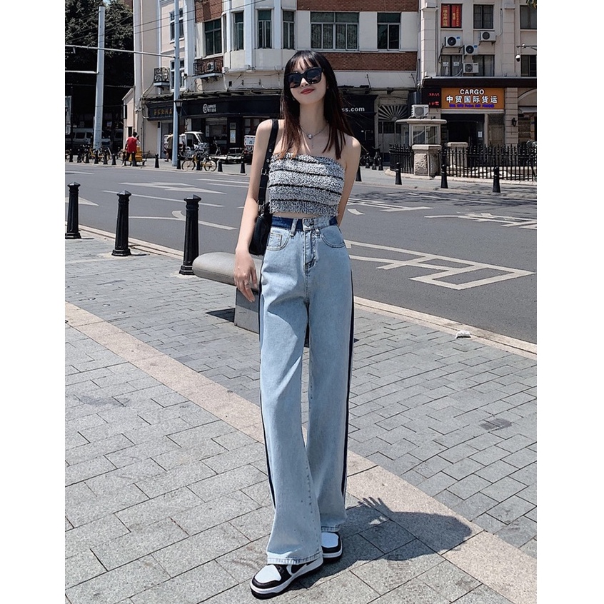 Quần jeans Nữ Lưng Cao Ống Rộng Phong Cách Hàn Quốc