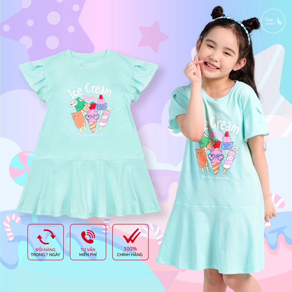 Váy Bé Gái Miss Meow, Đầm Cho Bé Chất Cotton Bèo Gấu In Ice Cream Size Đại 3-11 Tuổi