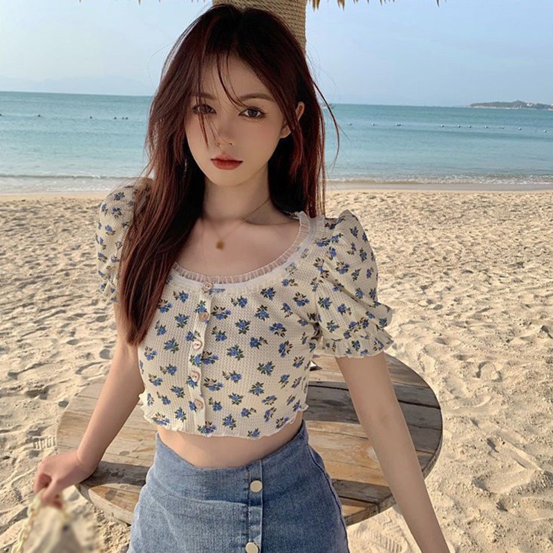 Áo Thun Crop Top Vải Voan Tay Ngắn Phồng Cổ Vuông In Họa Tiết Hoa Phong Cách Retro Hàn Quốc Dành Cho Nữ