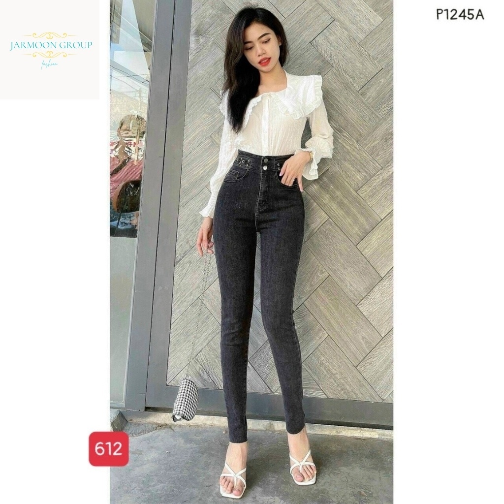 Quần jean Nữ Lưng Cao AD522JM Quần Bò Nữ Đen Rách Lưng Siêu Cao Tôn Dáng 5 Nút Chuẩn Skinny (SIZE26 - 30)