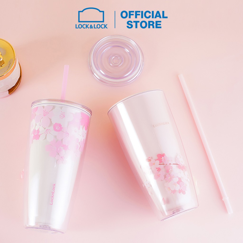 Ly nhựa 2 lớp Lock&Lock Cherry Blossom kèm ống hút double wall cold cup 750ml HAP509 (2 màu) | BigBuy360 - bigbuy360.vn