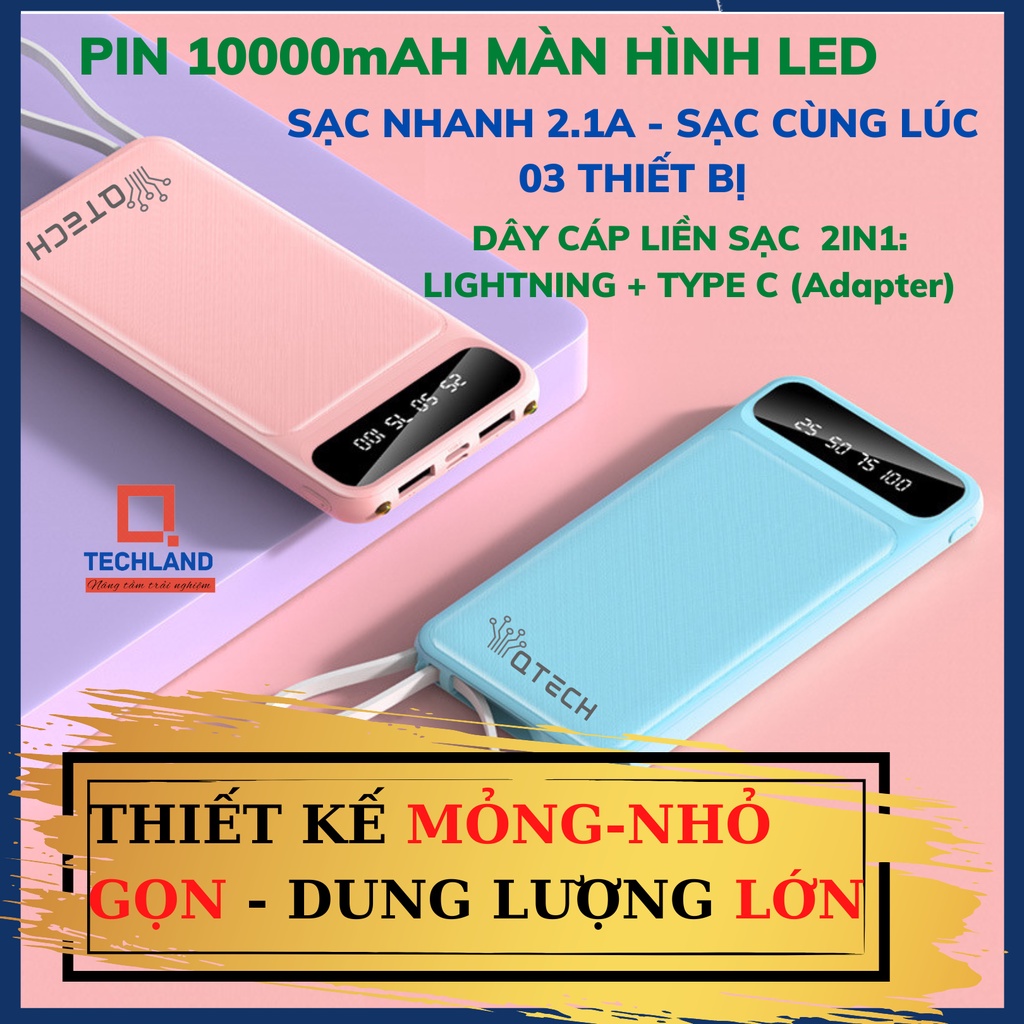 XANH LAM -Sạc dự phòng tích hợp màn hình LED Dung Lượng 10000mAh, kèm cáp 2in1, sạc cùng lúc 3 thiết bị