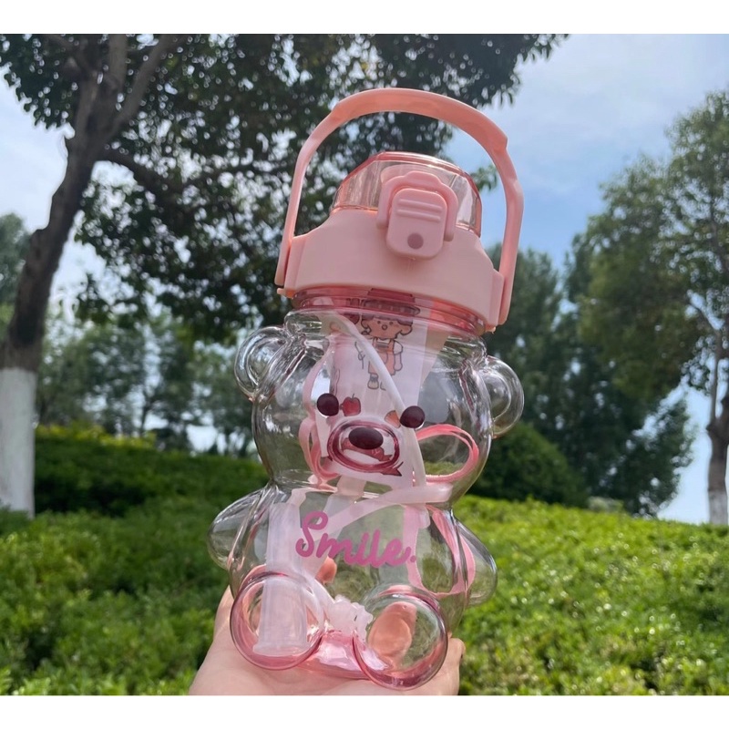 Bình nước hình gấu cho bé 1l siêu dễ thương kèm ống hút, tặng kèm ticker