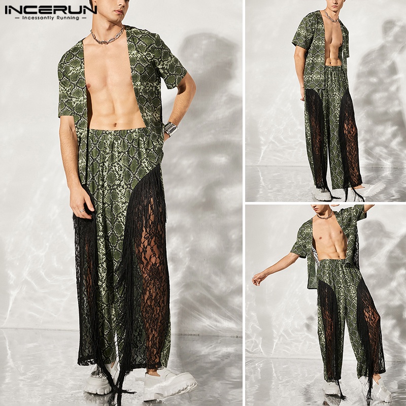 INCERUN Bộ Áo Cardigan Ngắn Tay Phối Ren + Quần Ống Rộng 2 Mảnh Thời Trang Cho Nam