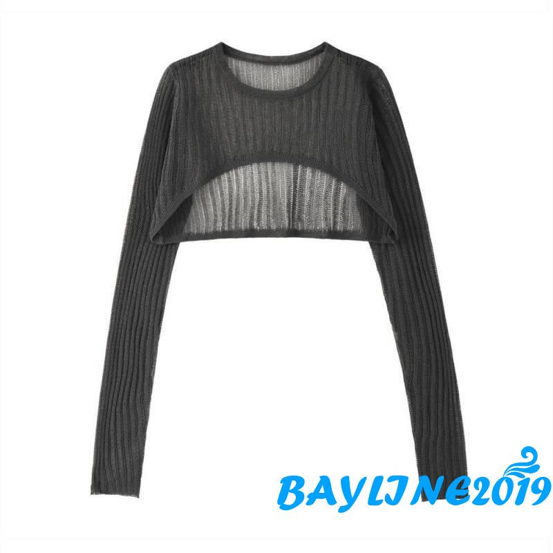 BAY-Women Summer Bikini Cover Up, Solid Color Long Sleeve Round Neck Cutout Sheer Knitted Cropped Tops Beachwear