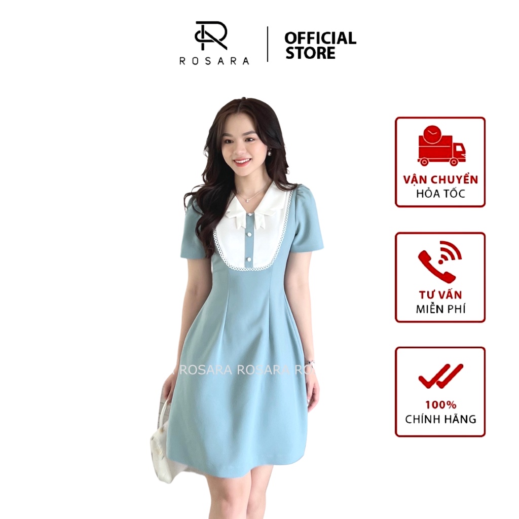 Váy thiết kế thời trang nữ xanh dáng xòe tiểu thư Rosara V19