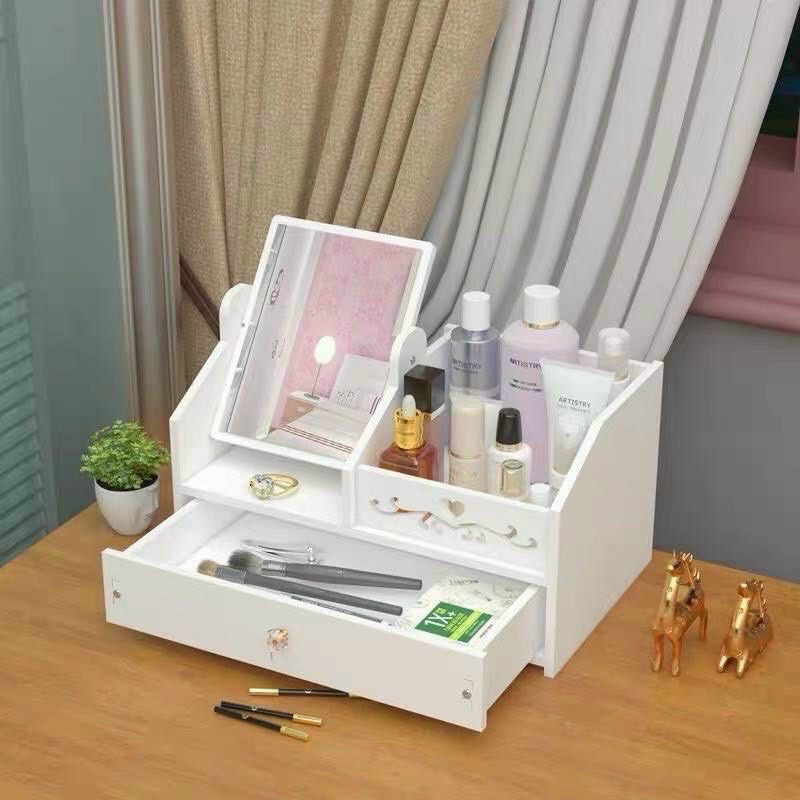 Kệ đựng mỹ phẩm có gương bằng gỗ cao cấp để bàn nhiều ngăn chống nước chống ẩm