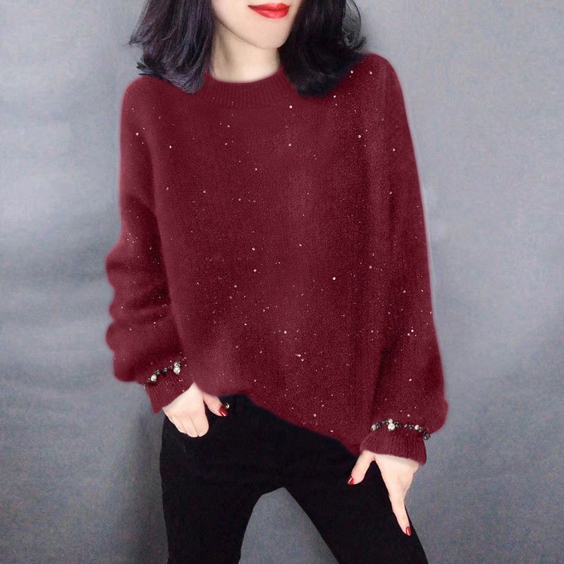 Áo sweater dệt kim cổ tròn màu tím phong cách Châu Âu thời trang mùa đông mới cho nữ 2021
