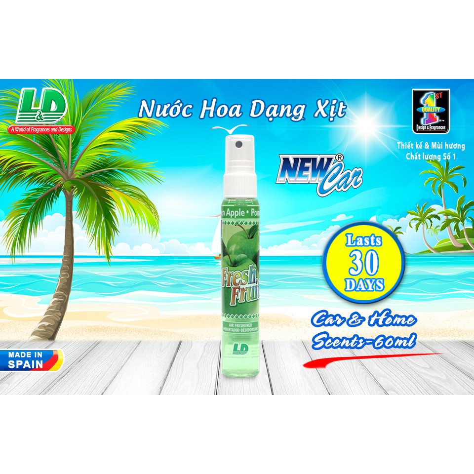 [Mã BMBAU50 giảm 10% đơn 99k] Nước Hoa Ô Tô Dạng Xịt L&amp;D Fresh Fruit Green Apple 60ml Nhập Khẩu Chính Hãng