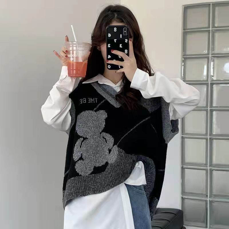 Áo khoác len không tay in hình gấu thời trang Hàn Quốc