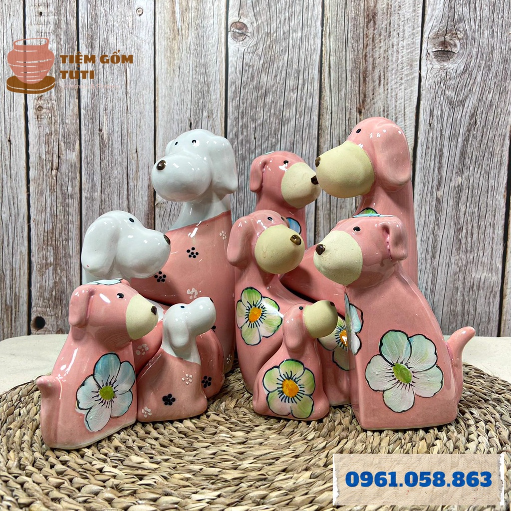 Bộ 3 chó trang trí , decor , tượng trang trí - GỐM MỘC GIA - men bóng cao cấp ,hoạ tiết vẽ tay