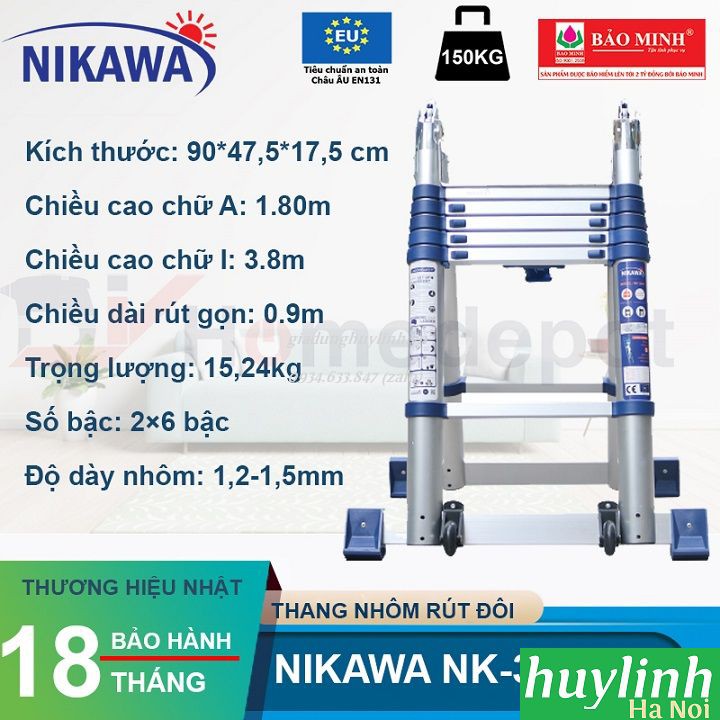 Thang nhôm rút đôi chữ A Nikawa NK-38AI PRI - 3.8 mét - Có bánh xe