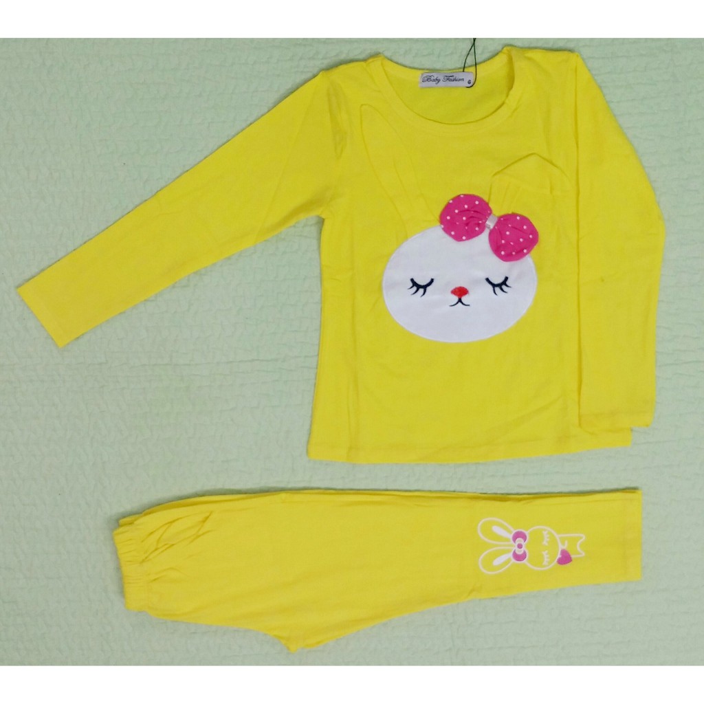 Bộ thun cotton bé gái, thêu thỏ bông ngủ tai cụp, Còn 1 size duy nhất 5 tuổi (17-18kg)