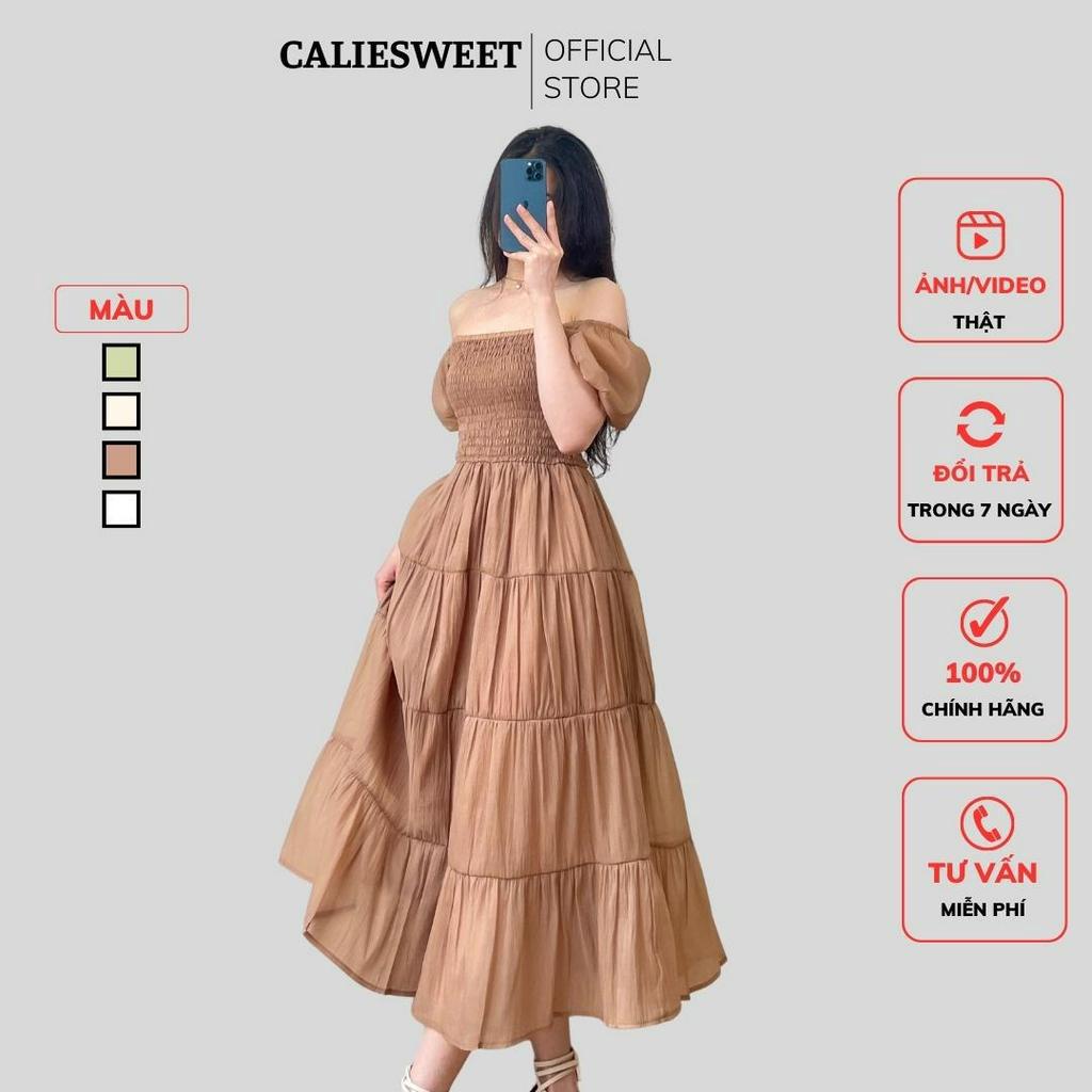 Đầm maxi trễ vai Caliesweet váy maxi đi biển chun bụng chất tơ cao cấp CLS020
