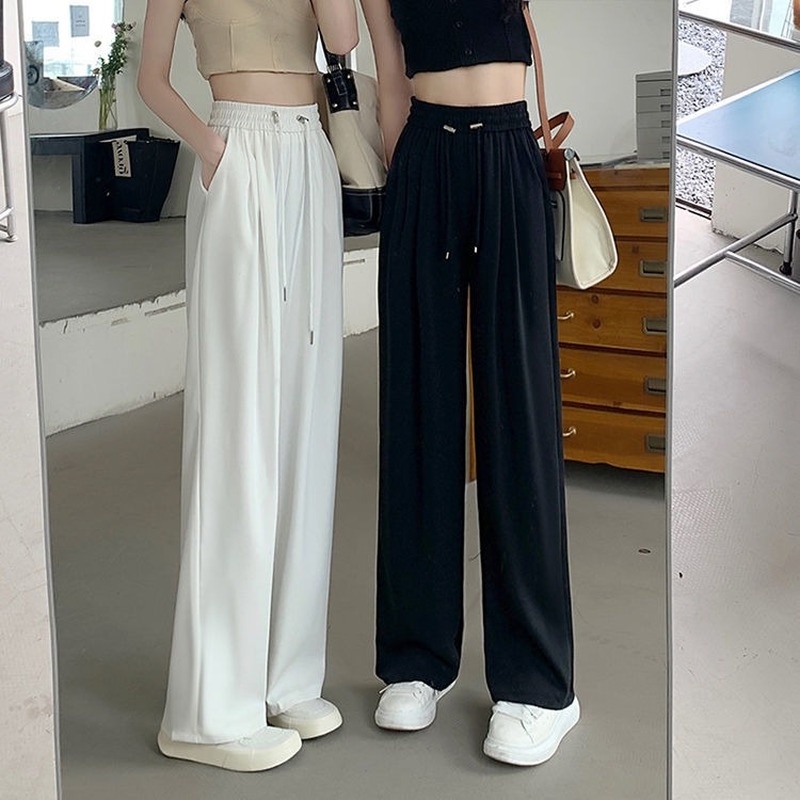Quần Dài Ống Rộng Vải Lụa Lạnh Co Giãn Màu Đen Thời Trang Mùa Hè 2022 Cho Nữ
