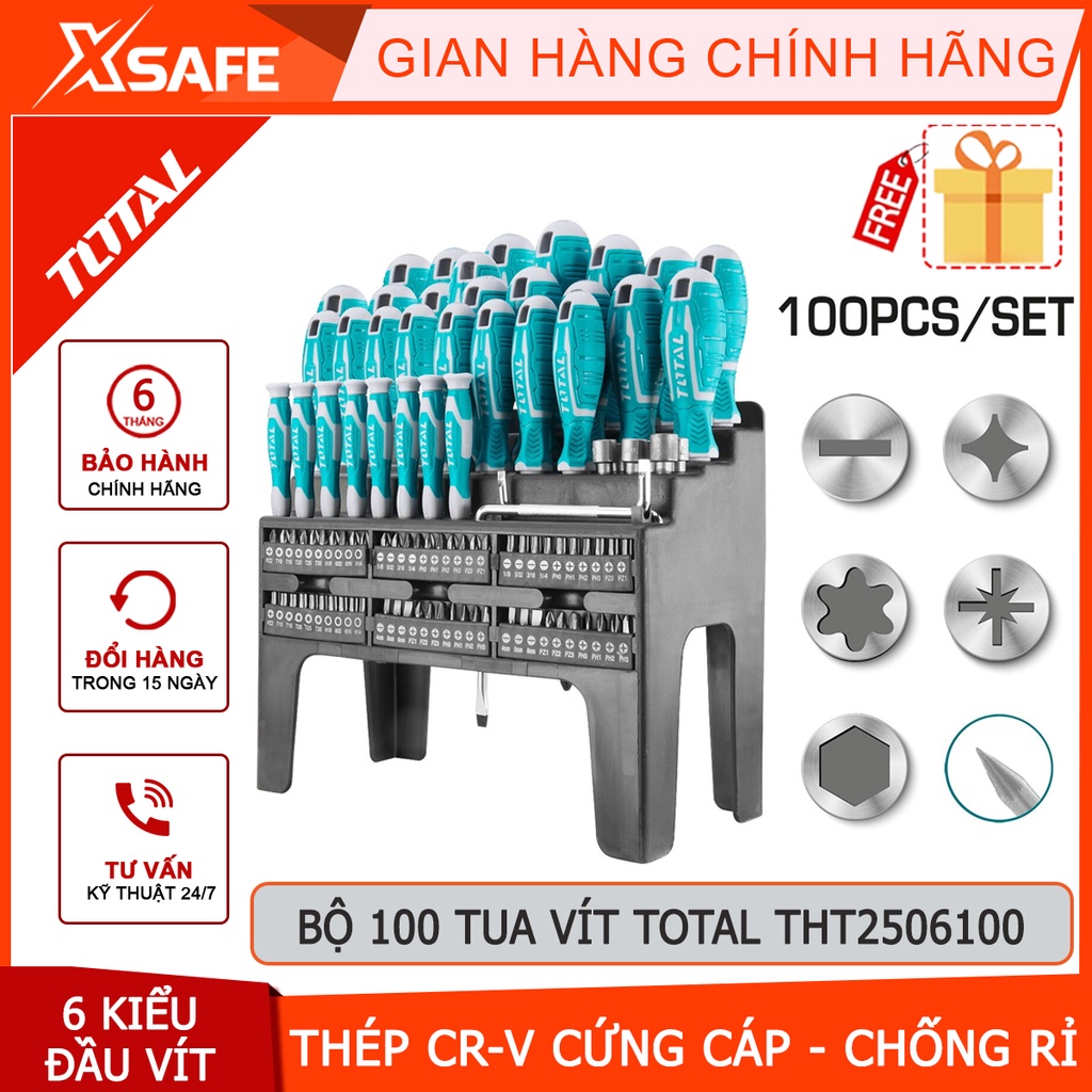 Bộ 100 tua vít TOTAL THT2506100 thép cr-v cứng chống tòe, 6 kiểu đầu vít, đầy đủ kích thước [CHÍNH HÃNG][XSAFE]