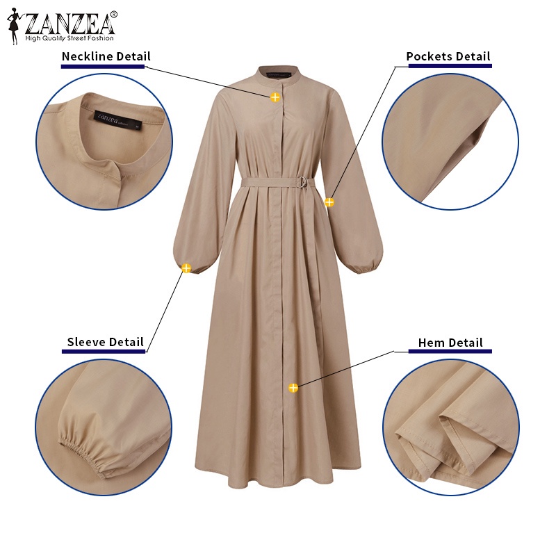 Đầm dài ZANZEA màu trơn cổ phối thắt lưng phong cách cổ điển cho nữ
