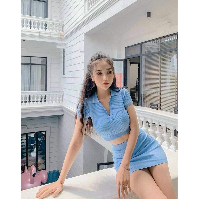 Set váy len body - áo croptop cổ đức - chân vây len ngắn