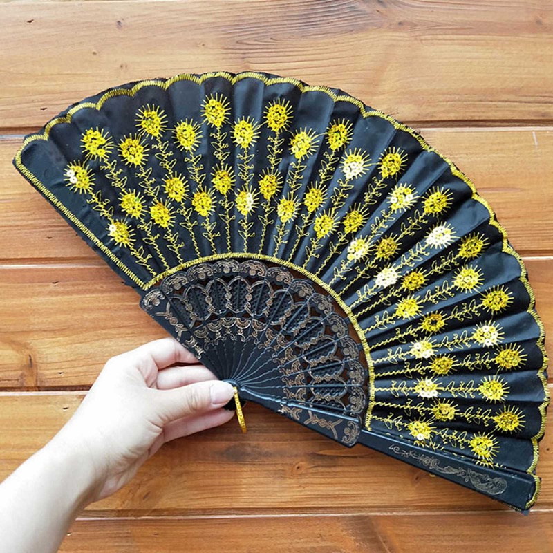 Tmdbyx Quạt Xếp Bằng Nhựa Màu Đen Đính Kim Sa Phong Cách Trung Hoa